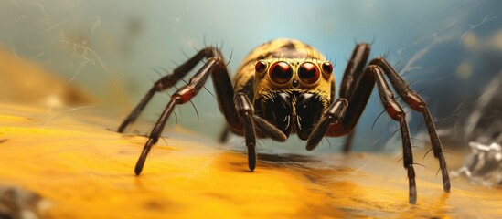 Aufkleber - Spider hunting, fangs sunk into bee, on vibrant yellow background, close-up view. with copy space image. Place for adding text or design