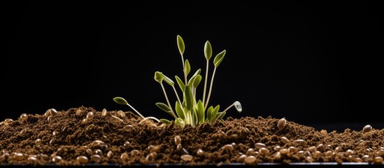 Poster - Close-up of a plant sprouting from a mound of dirt, showing the fresh growth and natural process of growth and renewal. with copy space image. Place for adding text or design
