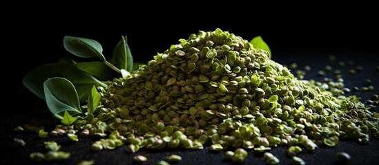 Fototapete - Fresh green peas piled together with their vibrant green leaves attached, showcasing their natural freshness. with copy space image. Place for adding text or design