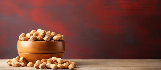 Poster - A detailed view of a wooden bowl brimming with peanuts, set against a backdrop of rustic texture. with copy space image. Place for adding text or design