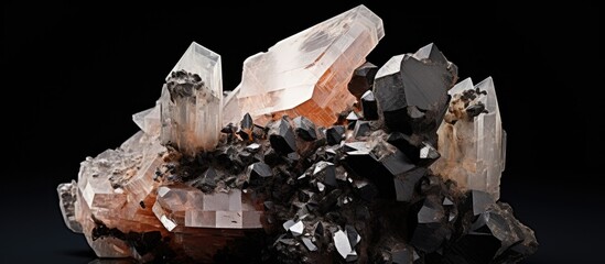 Poster - Close-up view of a group of crystals, including manganese or manganite mineral with quartz and calcite, on a black tabletop. with copy space image. Place for adding text or design