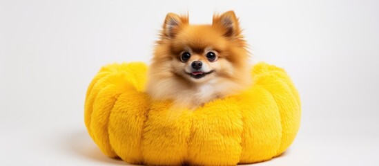 Aufkleber - Pomeranian canine comfortably seated in a bright yellow pet bed against a clean white backdrop. with copy space image. Place for adding text or design