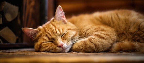 Poster - A ginger cat with red fur is peacefully sleeping on the ground in a peculiar position viewed from above. with copy space image. Place for adding text or design