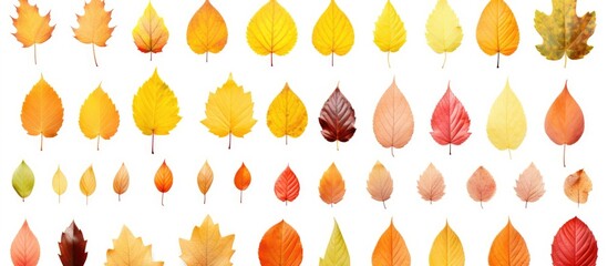 Aufkleber - Close-up view of various colorful autumn leaves on a white background, featuring a full depth of field through focus stacking technology. with copy space image. Place for adding text or design
