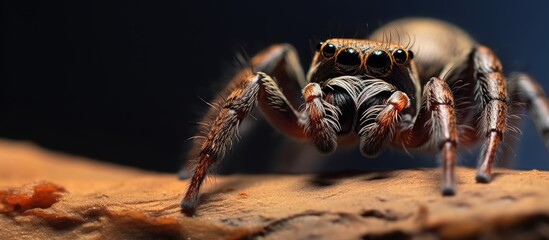 Poster - A detailed close-up of a spider on a rock, highlighted against a vivid blue background. with copy space image. Place for adding text or design