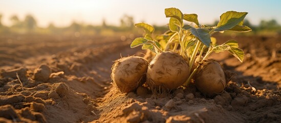 Poster - Three healthy potatoes illuminated by sunlight in a scenic field, showcasing vibrant agriculture. with copy space image. Place for adding text or design