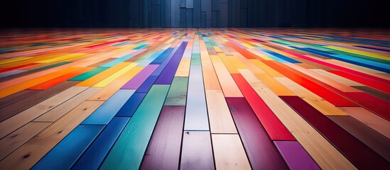 Poster - Vivid and diverse floor showcasing many colorful bars with a door in the distance. with copy space image. Place for adding text or design