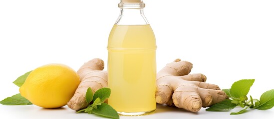 Poster - Close-up shot of a refreshing bottle of ginger lemonade placed next to a sliced lemon and fresh ginger. with copy space image. Place for adding text or design
