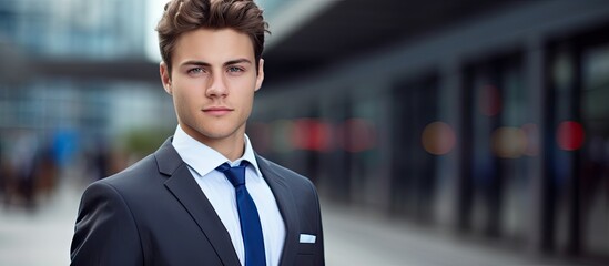 Poster - Young professional man in a suit and tie stands confidently in a city setting. with copy space image. Place for adding text or design