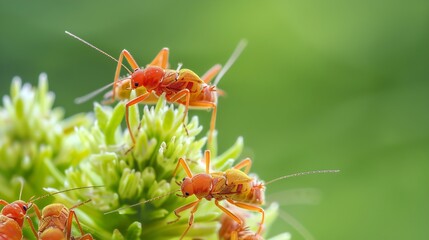Poster - Macro photo of several red insects on top of a green flower Insects on a green plant Closeup zoom photo focusing on insects on top of a plant : Generative AI