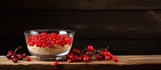 Wall Mural - Close-up view of a bowl filled with cereal and vibrant red berries placed on a rustic wooden table. with copy space image. Place for adding text or design