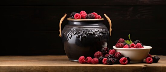Poster - Pottery jar with arrangement of raspberries and blackberries placed on a wooden background. with copy space image. Place for adding text or design