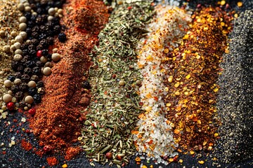 Poster - A variety of spices laid out on a dark countertop, perfect for adding flavor to grilled meats. Generative AI