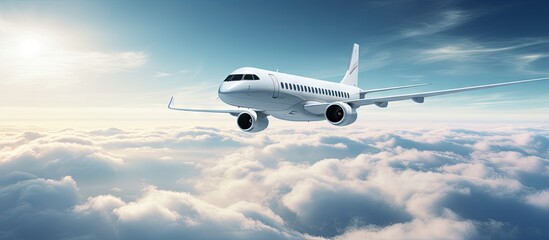 Poster - Private jet flying elegantly amidst clouds, symbolizing luxury and fast travel in business aviation. with copy space image. Place for adding text or design