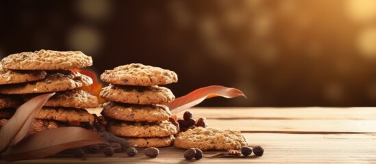 Poster - Oat cookies arranged neatly in a pile on a rustic wooden table, creating a tempting display. with copy space image. Place for adding text or design