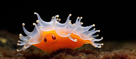 Poster - Yellow and white sea anemone with a distinct face in a detailed close-up shot, alongside an orange Mediterranean Nudibranch Janolus cristatus. with copy space image. Place for adding text or design