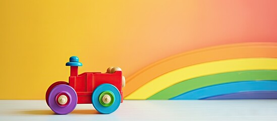 Poster - Colorful toy train displayed against white background juxtaposed with vibrant rainbow colors. with copy space image. Place for adding text or design