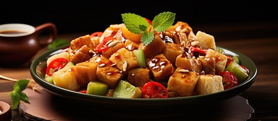Wall Mural - A dish featuring tofu and assorted vegetables in a bowl, alongside a traditional fruit salad known as rojak with a mix of sweet and spicy sauce. with copy space image. Place for adding text or design