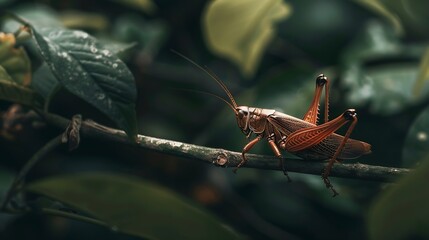 Poster - Brown grasshopper on a branch macro photo of this cute orthoptera insect in the grass somewhere in the tropical forest of Indonesia : Generative AI