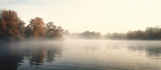 Fototapete - Across the serene river, a thick fog envelopes the tranquil scene. with copy space image. Place for adding text or design