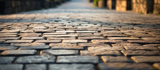 Poster - Close view of a tree with a cobblestone street in focus. with copy space image. Place for adding text or design