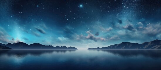 Wall Mural - Scenic view of a serene lake surrounded by towering mountains under a star-studded sky. with copy space image. Place for adding text or design