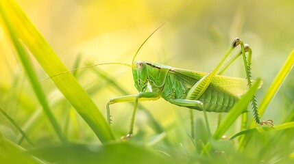 Poster - Tettigonia viridissima Great green bushcricket Female Nymph sitting on grass long horned grasshoppers insect large species of katydid or bushcricket Scientific Tettigoniidae : Generative AI