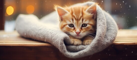 Aufkleber - Cute baby cat comfortably nestled under a warm blanket during the winter season, creating a vintage feel with soft color tones. with copy space image. Place for adding text or design