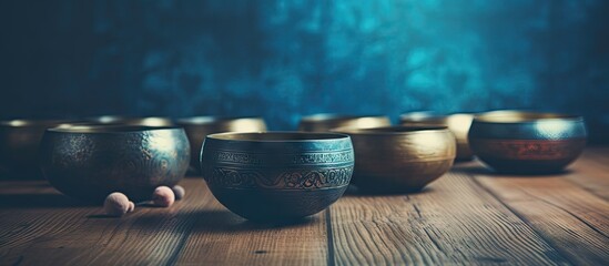 Aufkleber - Several bowls placed together on a wooden table surface, showcasing a variety of textures and colors. with copy space image. Place for adding text or design