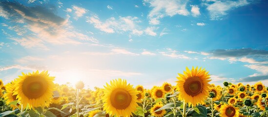 Aufkleber - A vibrant sunflower field basks in the sunlight against a serene blue sky backdrop. with copy space image. Place for adding text or design