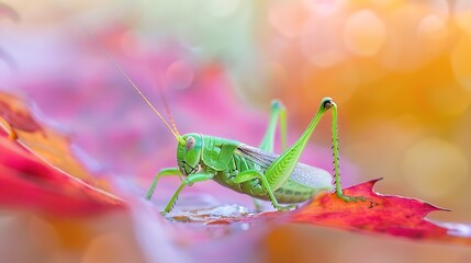 Poster - A green grasshopper sitting on autumn coloured leaf Grasshopper in nature : Generative AI