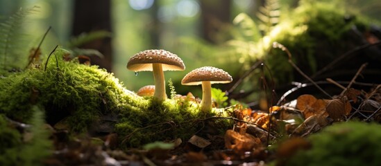 Leinwandbilder - Mushrooms of various shapes and sizes grow on a long piece of wood that is covered in soft green moss in the forest. with copy space image. Place for adding text or design