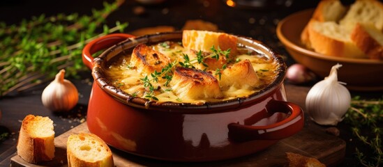 Wall Mural - Hearty pot of stew accompanied by crusty bread and garlic captured in a close-up shot. with copy space image. Place for adding text or design