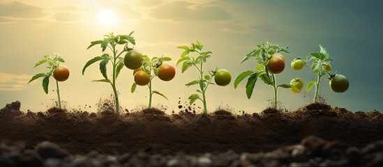 Poster - Tomato seedlings being planted in open ground as part of the farming process. with copy space image. Place for adding text or design