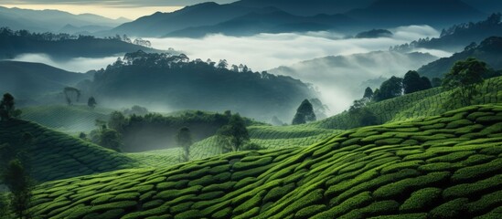 Poster - Scenic view of a lush tea plantation set against the highlands backdrop. with copy space image. Place for adding text or design