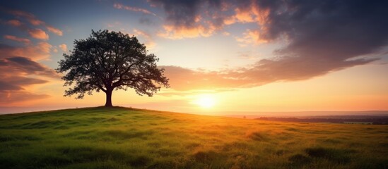 Wall Mural - Lone tree standing on a grassy hill under the beautiful sunset sky. with copy space image. Place for adding text or design