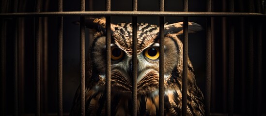 Aufkleber - An owl with wide, watchful eyes perched within a cage, observing its surroundings with curiosity. with copy space image. Place for adding text or design