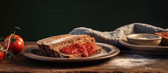Wall Mural - Plate presents rye bread slices served with a thick tomato sauce, arranged on a table. with copy space image. Place for adding text or design