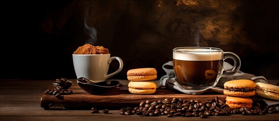 Poster - Coffee cups and cookies positioned on a table along with espresso, latte, cappuccino, crackers holder, ground coffee tamper, and coffee beans. with copy space image. Place for adding text or design