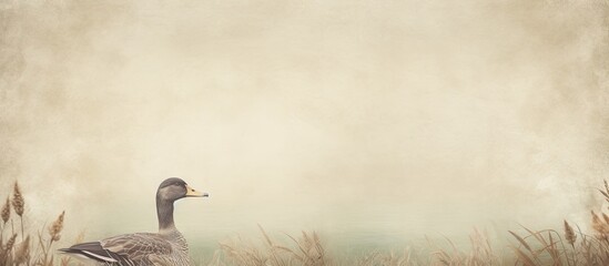 Fototapete - Near the water's edge, a duck is seen calmly standing in the lush green grass. with copy space image. Place for adding text or design