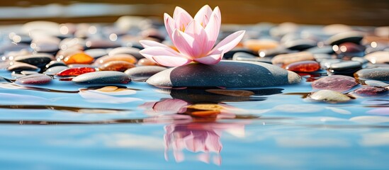 Poster - Pink blossom peacefully perched on a stone surrounded by gentle water, creating a tranquil natural scene. with copy space image. Place for adding text or design