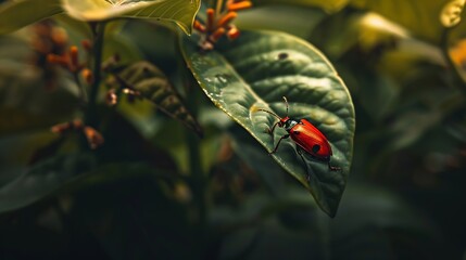 Poster - Natural closeup on the red firebug Pyrrhocoris apterus sitting on a leaf in the garden : Generative AI