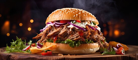 Wall Mural - Pulled pork sandwich featuring lettuce, tomato, and onions up close in a flavorful ensemble. with copy space image. Place for adding text or design