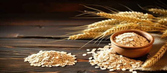 Leinwandbilder - A close-up view of a bowl filled with oats placed next to some ears of wheat grains on a wooden table, offering a natural and wholesome image. with copy space image. Place for adding text or design