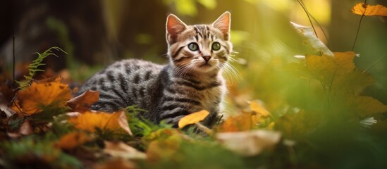 Aufkleber - Felis catus, a common domestic carnivorous mammal, is found sitting calmly among fallen autumn leaves. with copy space image. Place for adding text or design