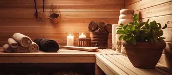 Aufkleber - Close-up wooden sauna room showing traditional accessories like towels and candles. with copy space image. Place for adding text or design