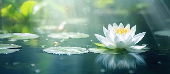 Aufkleber - White lotus flower peacefully rests on water surface, surrounded by serene nature. with copy space image. Place for adding text or design