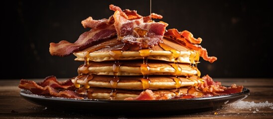 Fototapete - Stack of freshly made pancakes being drenched in sweet syrup, served with delicious bacon for breakfast. with copy space image. Place for adding text or design