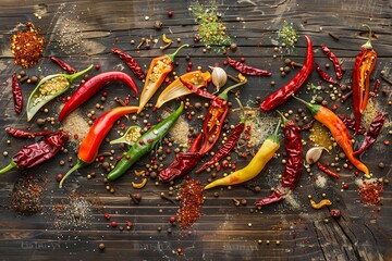 Aufkleber - A rustic wooden tabletop is scattered with a colorful mix of fresh and dried chili peppers, spices, and herbs. Generative AI
