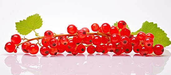 Wall Mural - Close-up view of vibrant red currants with attached green leaves, showcasing freshness and natural beauty. with copy space image. Place for adding text or design